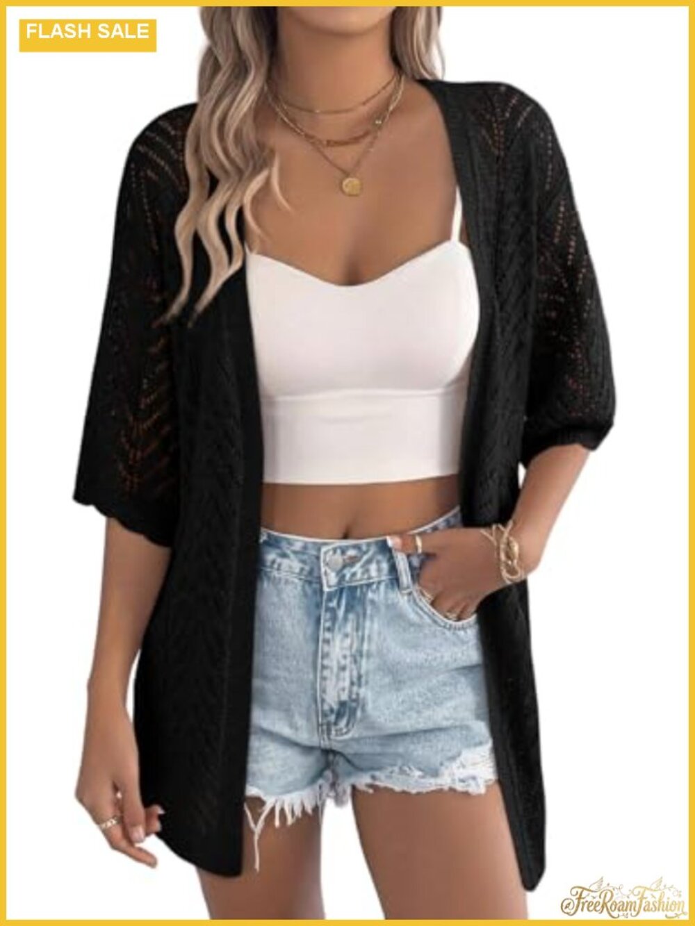 Women's Crochet Knit Cardigan Short Sleeve Boho Open Front Lightweight